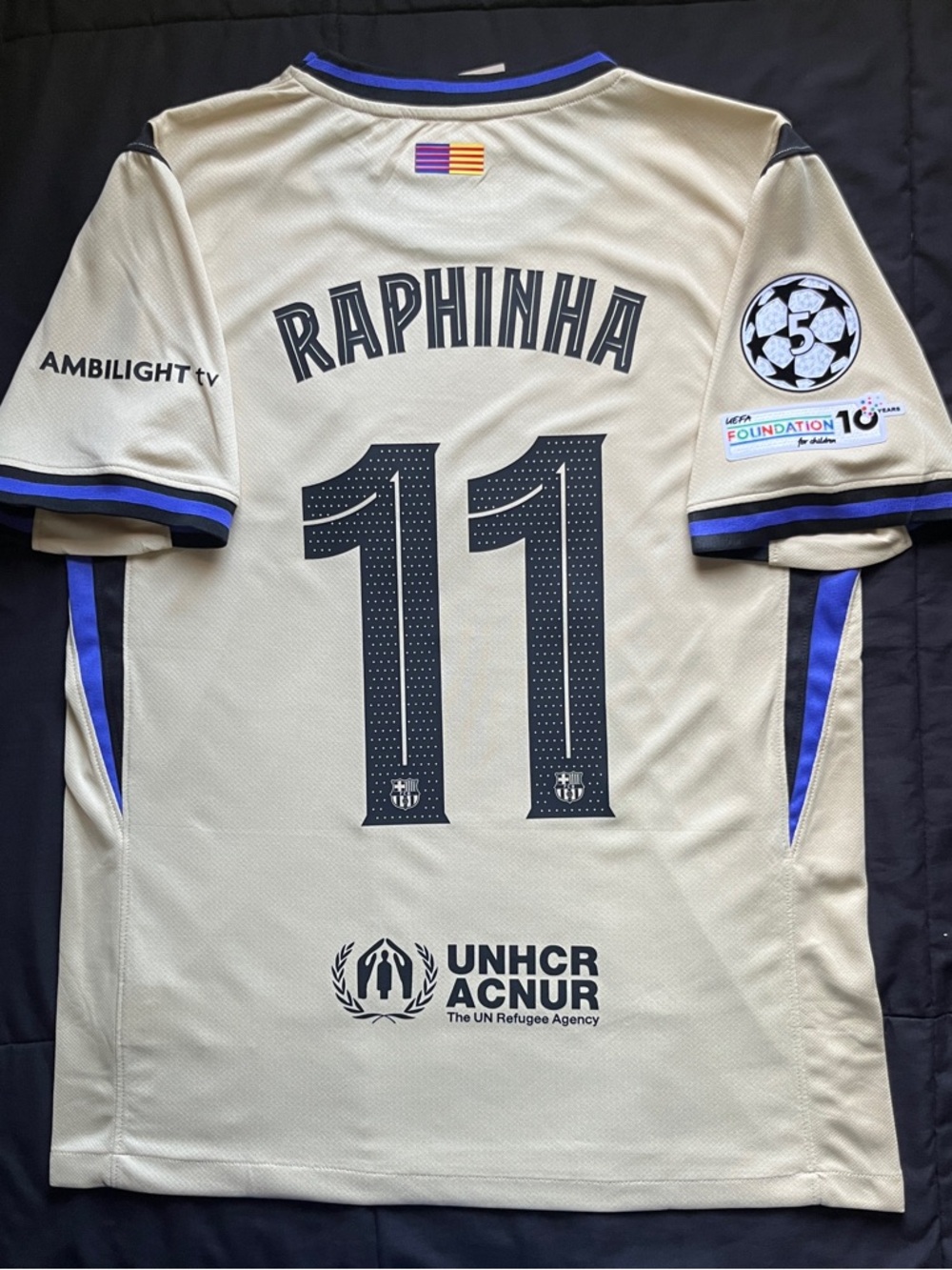 Raphinha #11 Barcelona Soccer Jersey UCL Away Kit Beige